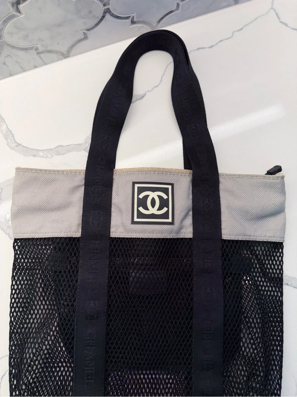 CHANEL Black Mesh Tote with Gray Top Panel
